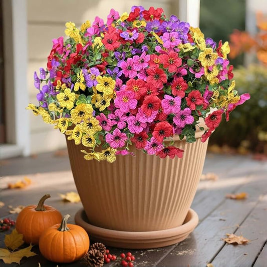 Artificial Flowers Outdoor UV Resistant Fake Plants, 12 Bundles Silk Daisy in Pots for Porch Patio Garden, Faux Potted Home Decor for Outside (Mix Pink, Red, Purple, Yellow)