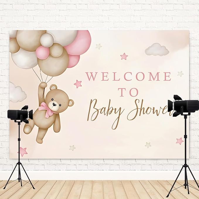 12x8ft Bear Baby Shower Backdrop Brown Pink Hot Air Balloon Photography Background Sky Cloud Star Welcome to Baby Shower Decorations Pregnancy Announcement Portrait Photo Booth Prop