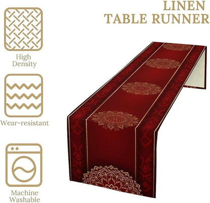 Luxurious Bohemian Table Runner, Red Gold Mandala Floral Boho Decor Table Runner for Kitchen Dining Festive Holiday Party Wedding Gathering, 13x120 Inch