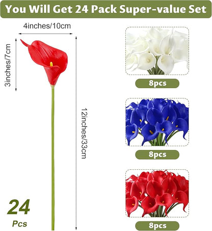 SITUMEIZI 24 PCS 4th of July Flowers Artificial Calla Lily Fake Silk Patriotic Flowers Real Touch for Independence Day Home Kitchen Decor Table Centerpiece Decoration(Mix,3)
