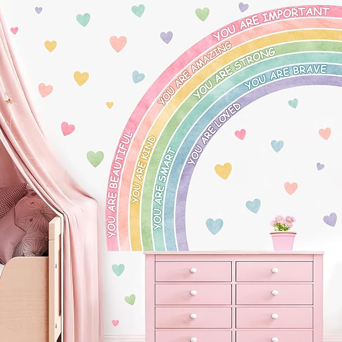Large Rainbow Wall Sticker Watercolors Inspirational Wall Decal Baby Girls Bedroom Walls Decor Half Rainbow Decals Peel and Stick Pastel Pink Vinyl Art Mural Sticker for Toddler Playroom Kids Nursery
