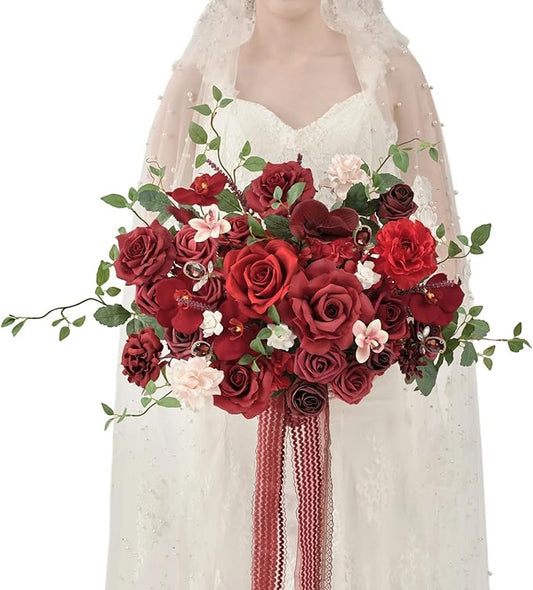 TINGE TIME 17 Inch Artificial Bridal Bouquet Realistic Silk Wedding Bouquet, Durable Fake Flowers for Brides, Bridesmaids, Home Decor, and Events (Burgundy Red)