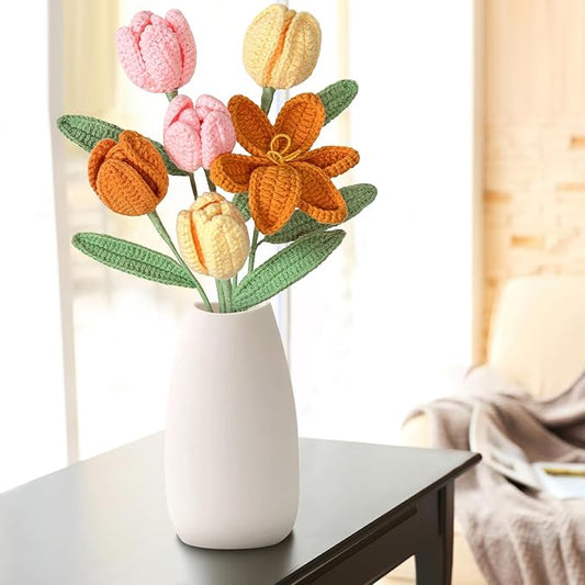 Dremisland Crochet Flowers 6PCS Crochet Tulips Finished Handmade Knitted Flowers Crocheted Bouquets Pastel Floral Gift for Mothers Girls Friends Teacher Gifts for Women,Graduation Flower Home Decor
