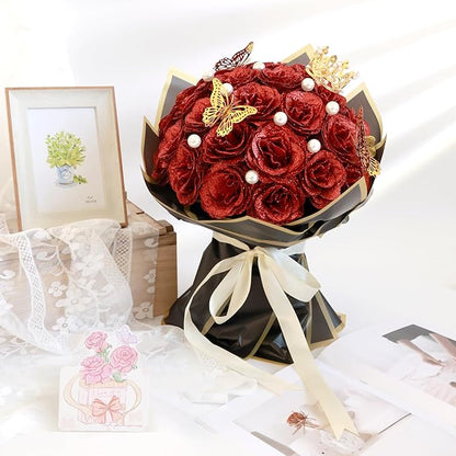 Glitter Roses Bouquet, Shiny Artificial Roses Flowers with Stems DIY Fake Glitter Flowers Bouquet for Anniversary Graduation Birthday Wedding, 24 Roses (Red)