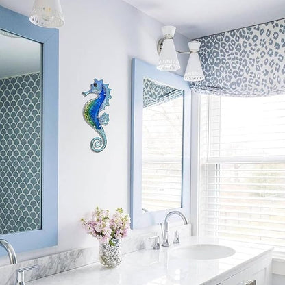 LIFFY Large Metal and Glass Seahorse Wall Decor, Sea Life Decor, Metal Fish Wall Decor, Ocean Beach Theme Wall Art for Bathroom Home Pool Gift Idea