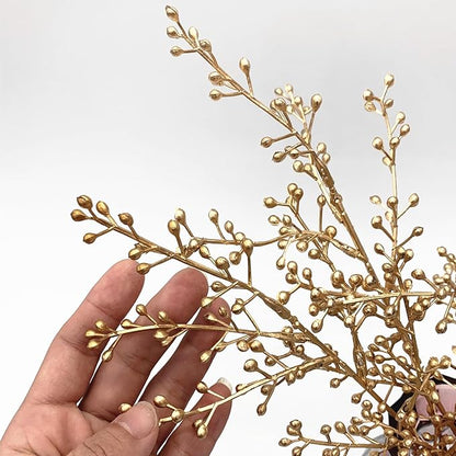 Artificial Golden Berry Stem Decor, Faux Glitter Flowers Stems Branches Plants Fake Berries Sticks Plant for Indoor Wedding Bouquet Party Wreath Crafts Gift Christmas Tree DIY Decoration - Gold 6 Pcs