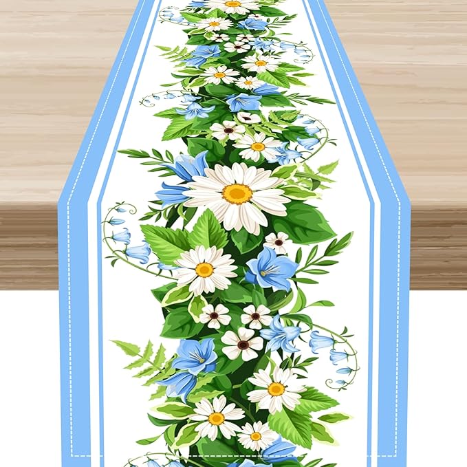 Wild Flower Table Runner, Vintage Seasonal Spring Daisy Flower Rustic Blue Farmhouse Table Center Decor for Family Kitchen Farmhouse Holiday Party Table Decorations Indoor Outdoor 13x108 inch