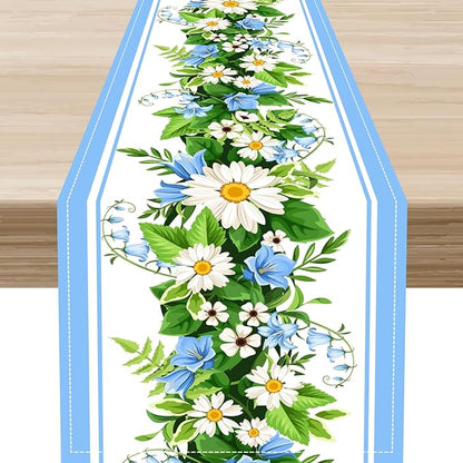 Wild Flower Table Runner, Vintage Seasonal Spring Daisy Flower Rustic Blue Farmhouse Table Center Decor for Family Kitchen Farmhouse Holiday Party Table Decorations Indoor Outdoor 13x108 inch