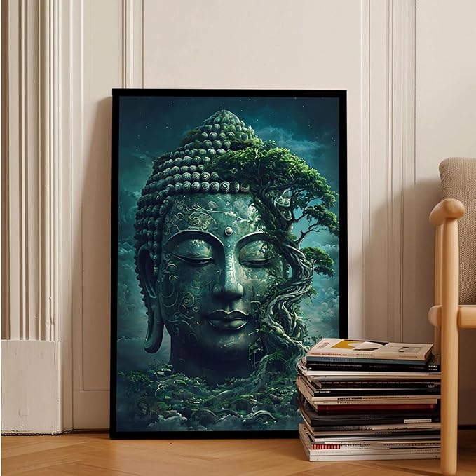 Buddha statue wall art canvas wall decor aesthetic picture mystical nature art for tranquil home and spiritual space 24x36in Metal blackFramed
