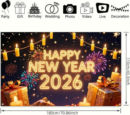 Happy New Year 2026 Backdrop 71x43 Inch Gold Light Party Banner with Fireworks and Gift Boxes for Indoor Wall Decoration Countdown Celebration and Holiday Photo Background
