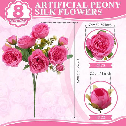 8 Bundles Artificial Peonies Flowers Boho Faux Flowers Arrangements Artificial Centerpiece Spring Bouquet Floral Wedding Decoration for Vase (Hot Pink)