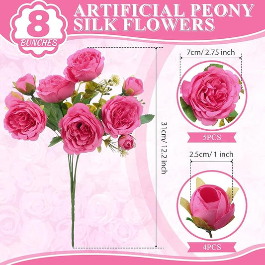 8 Bundles Artificial Peonies Flowers Boho Faux Flowers Arrangements Artificial Centerpiece Spring Bouquet Floral Wedding Decoration for Vase (Hot Pink)