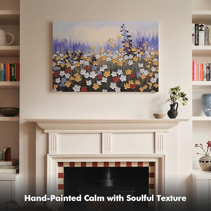 JUHOME Vintage Hand-Painted Texture Wildflower Canvas Wall Art, Rustic Nature Abstract Oil Painting,24x36 In Handmade Artwork for Living Room, Office, Bedroom
