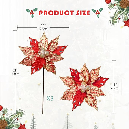 Hollyone 3PCS Poinsettia Christmas Flowers Artificial 11" Large Red and Gold Glitter Poinsettia Flowers Christmas Tree Ornaments Floral Picks for Tree Wreath Garland Vase Table Centerpiece Home Decor