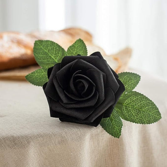 Artificial Flower Black Rose 25pcs Real Fake Rose with Stems Leaves for Home Decoration Party Garden Centerpieces DIY Wedding Bouquets（Black）