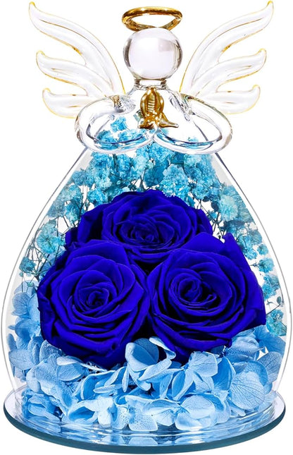 Beferr Christmas Birthday Gifts for Women, Mom Gifts for Christmas Fresh Flowers for Delivery Prime Forever Preserved Rose in Glass Angel Figurine Xmas Gifts for Grandma Wife Sister Her, Dark Blue