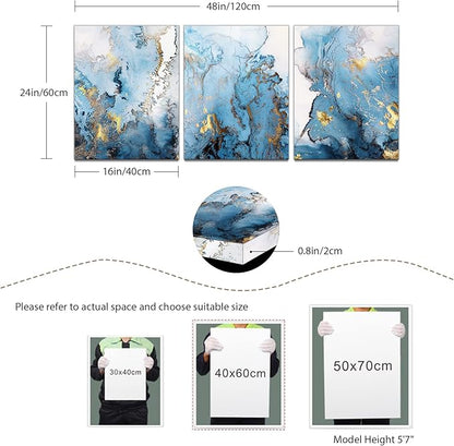 SERIMINO Blue Abstract Canvas Wall Art for Living Room, Navy and Gold Fluid Marble Wall Decor for Bedroom, Bathroom, Office, Home Decor, Set of 3 Print Painting, 16"X24"