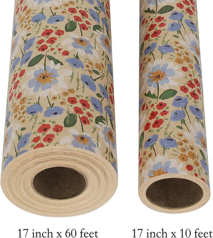 Aimyoo Watercolor Floral Kraft Wrapping Paper Roll, All Occasion Vintage Flower Gift Wrap for Wedding Birthday Bridal Shower, 17 inch x 60 ft