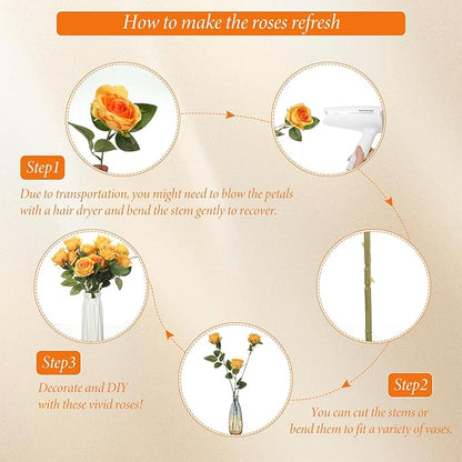 Hotop 20 Pcs Artificial Rose Flowers with Long Stem,Real Touch Silk Realistic Plastic Bouquet Roses Bulk for Home Decor Bridal Wedding Party Table Centerpieces Decorations(Orange)