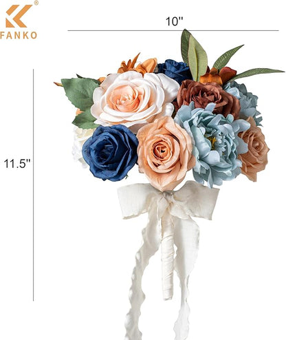 FANKO Artificial Flowers Navy Blue Rose, Mixed Fake Silk Flowers Combo Cream Yellow Rose Brown Dahlia Light Blue Peony Vintage Assorted Blooms for DIY Wedding Bridal Bouquets, Home Decor