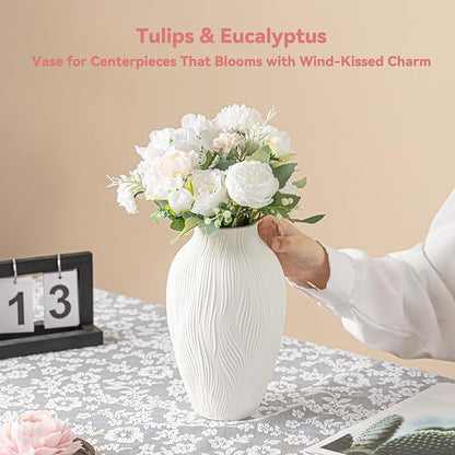 Windblown Texture Vase - White Matte Ceramic with Dynamic Lines, 9.2" Unique Flower Vase for Pampas Grass/Centerpieces, Decorative Farmhouse/Boho Vase for Living Room/Office, Ideal Gift for Minimalist