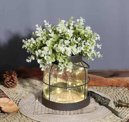 Vintage Glass Farmhouse Vase - Handmade Rustic Lantern Planter with Bonus Artificial Flowers & LED Lights (Home Decor Centerpiece), Farmhouse Wedding/Tabletop Decor, Housewarming Gift