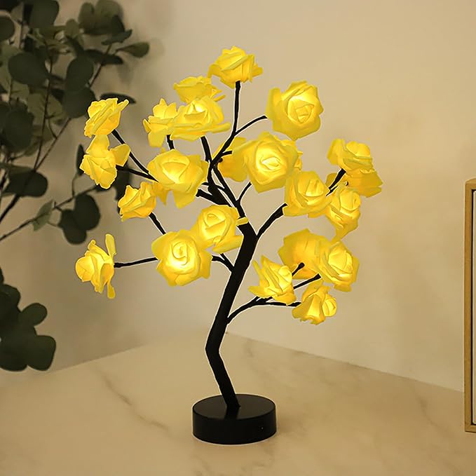 Drawelry Rose Flower Tree Lamp - LED Rose Tree Table Lamp USB/Battery Powered Artificial Bonsai Flower Night Light for Bedroom Living Room Party Wedding Birthday Decor (Yellow)