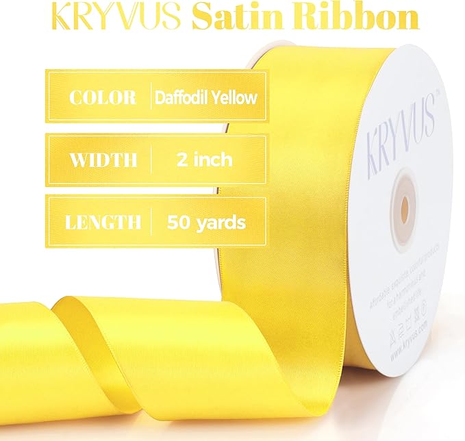 Daffodil Yellow Satin Ribbon, Double Faced 2 Inch X 50 Yards Daffodil Ribbon, Premium Satin Ribbon for Gift Wrapping, Crafts, Hair Bow Making, Sewing, Flower Bouquet, Wedding Party Decor