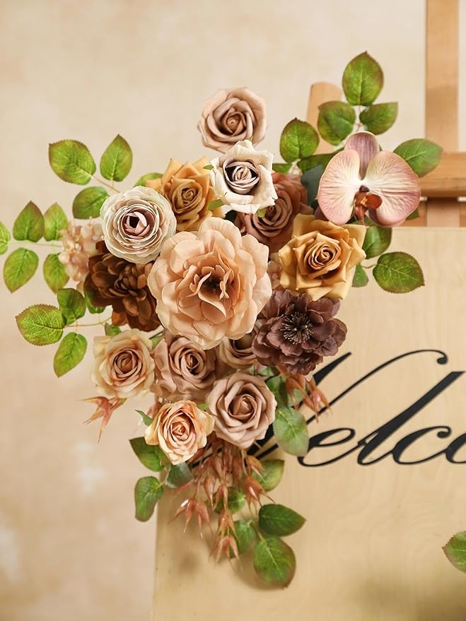 Coffee Artificial Flowers Combo Brown Silk Flowers Fake Roses Dahlia with Stems for DIY Wedding Bridal Bouquets,Table Centerpieces,Cake Floral Arrangement,Baby Shower,Birthday Home Decor