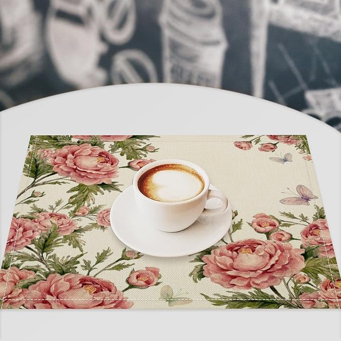 Pink Flowers Placemats Set of 8, 17x12 Inch Rustic Farmhouse Romantic Spring Floral Blossom Butterfly Table Mats for Home Party Kitchen Dining Decor