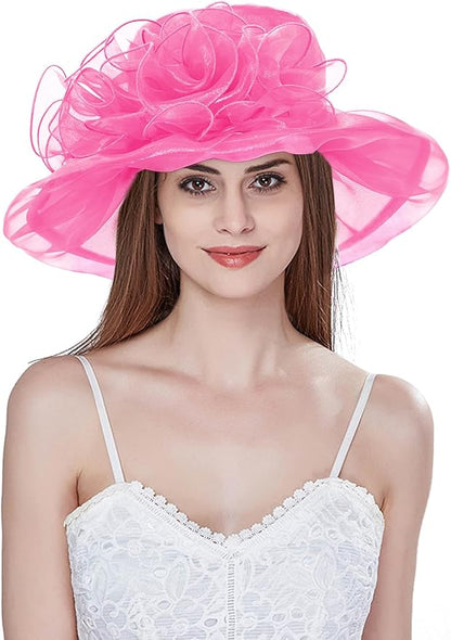 Organza Derby Hats for Women Wide Brim Fascinator Hat Rose Flower Wedding Tea Party Hat