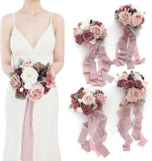 Ling's moment Artificial Flowers Pink Bridesmaid Bouquet Set of 4, Dusty Rose Wedding Flowers Bouquets for Bridesmaids, 7 Inch Bridal Bouquets for Bridesmaids, Wedding Decor, Ceremony, etc