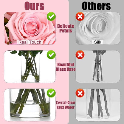 BLEUM CADE Luxury PU Fake Flowers in Vase with Faux Water, Pink Real Touch Roses Artificial Flowers with Glass Vase for Office Home Dining Room Centerpiece Table Decorations