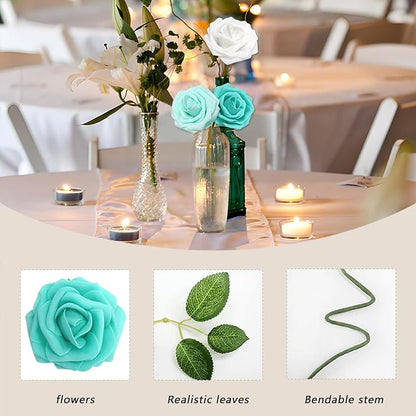 100PCS Artificial Flowers Green Series Roses Real Looking Foam Fake Roses with Leaves and for DIY Wedding Bouquets Bridal Shower Centerpieces Party Decorations (Green Series, 100)