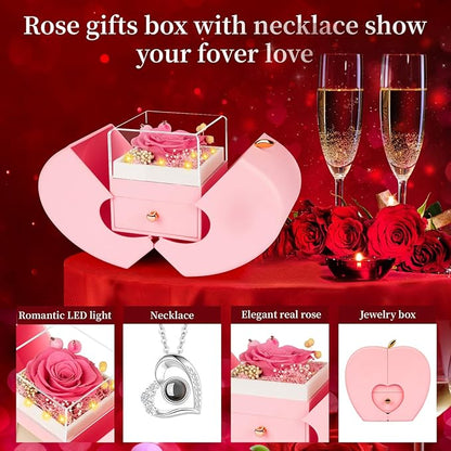 Preserved Pink Real Rose with I Love You Necklace, Eternal Flowers Rose Birthday Gifts for Women Her Mom Wife Girlfriend Grandma on Valentines Mothers Day Christmas Anniversary Romantic-Pink