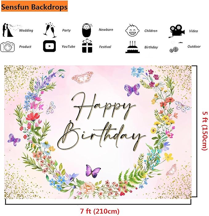 Sensfun Wildflower Happy Birthday Backdrop Banner for Women Wild Flower Birthday Decorations Rustic Floral Butterfly Photography Background for Girls Wildflower Bday Party Decor Photo Booth Prop 7x5ft