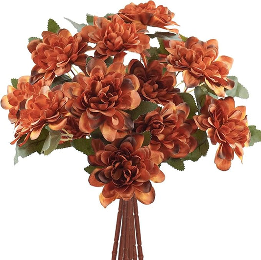 Uieke 12PCS Artificial Daisy Mums Flowers with Stem, Burnt Orange Silk Flowers Arrangement for Home Party Fall Wedding Bouquet Thanksgiving Table Centerpieces Decor (Vintage Terracotta)