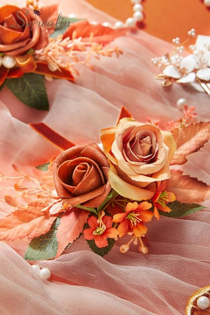 Serwalin Set of 2 Boutonniere for Men, 6-7 Inch Corsage Groom and Best Man Boutonnieres for Wedding Prom Ceremony Anniversary Party Cake Topper (Orange)