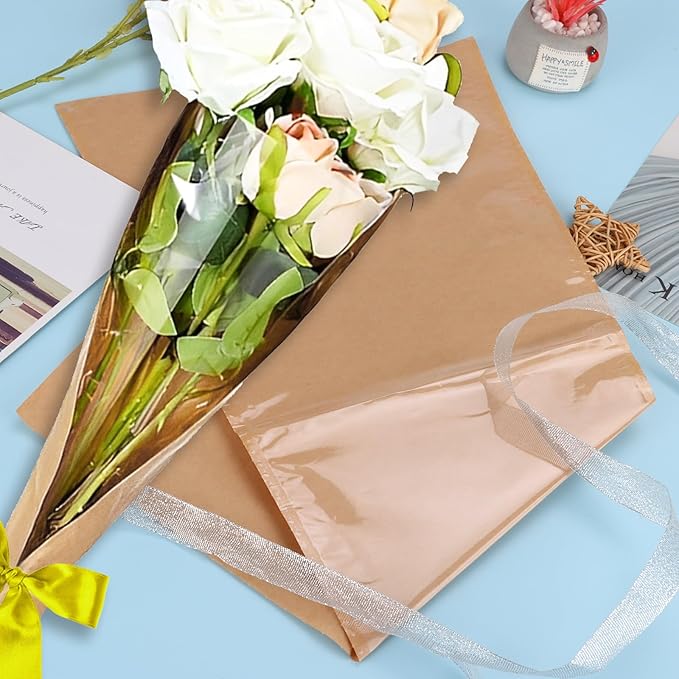 ACXFOND 100Pcs Flower Bouquet Bags, Kraft Flower Bags Bouquet Wrapping Paper with Ribbons for Florist Supplies Wedding Birthday Mother's Day, Teacher, Graduation Gift 9.4x3.5x17.9 Inches