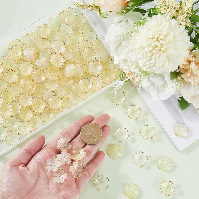 SUNNYCLUE 1 Box 200pcs Bead Caps Flowers Yellow Flower Beads Mini Plastics Light Yellow Orange Golden Plated Cherry Blossom Sakuras Flowers Bead Bulk for Jewelry Making DIY Lanyard Women Crafts