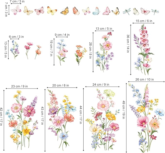 decalmile Flower Wall Decals Daisy Wildflower Grass Butterflies Wall Stickers Girls Bedroom Living Room Home Office Wall Decor