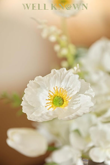 WELL KNOWN Artificial Flowers for Table Decoration Silk Hydrangea Flowers with Vase Fake Flower Arrangements in Round Bowl Vase with Faux Water for Summer Spring (White)