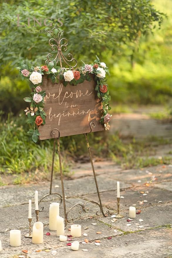 Ling's moment 5FT Terracotta Artificial Flower Garland Rust Rose Leaves Floral Garland Ivory Orange Arch Flowers Vine for Wedding Party Backdrop Decor Mantel Home Table Centerpieces Wall Decorations