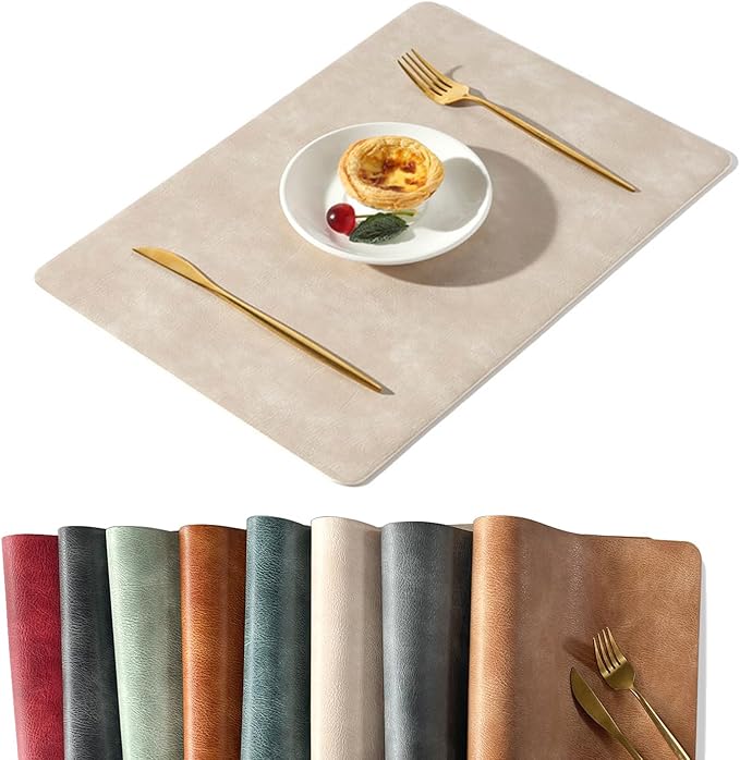 UnivoColors Washed Cowhide Pattern PU Leather Placemats Set of 8 Heat Resistant Kitchen Table Mats, Waterproof Wipeable for Party Decoration(Beige)