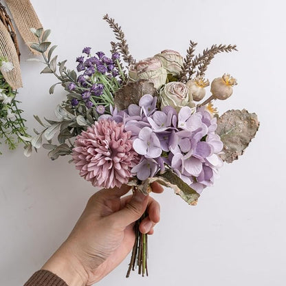13-inch Small Artificial Fake Flowers for Table Arrangements, Silk Faux Bouquets with Three Roasted Edge Roses, Hydrangeas, Globeflower, babysbreaths, Ideal for The Kitchen or Bedroom.