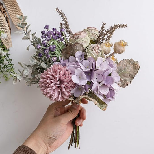 13-inch Small Artificial Fake Flowers for Table Arrangements, Silk Faux Bouquets with Three Roasted Edge Roses, Hydrangeas, Globeflower, babysbreaths, Ideal for The Kitchen or Bedroom.