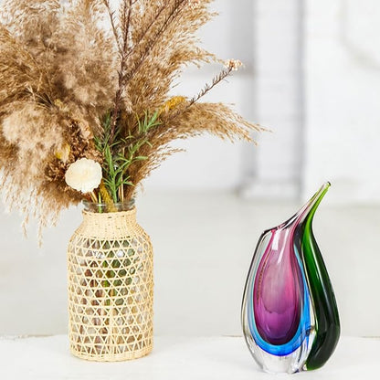 Luxury Lane Hand Blown Multicolor Sommerso Teardrop Art Glass Vase for Decor 9.5 inch Tall Centerpiece Table Decoration