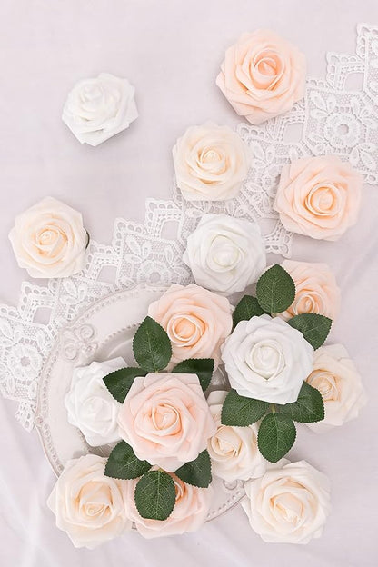 N&T NIETING Artificial Flowers, 25Pcs Fake Rose Flowers Roses for DIY Wedding Bouquets Centerpieces Bridal Shower Party Home Flower Arrangement Decorations, Series Blush Pink