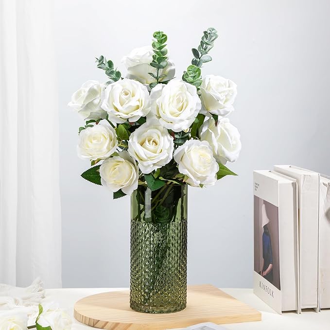 Sage Green Vase Glass Cylinder Vase, 8.7" H x 4" W Flower Vases Decorative Modern Wide Mouth Vase Bubble Glass Vases for Centerpieces Mantel Shelf Table Home Decor