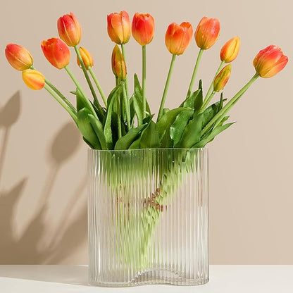 15 Pcs Orange Tulips Artificial Flowers Faux Tulips Real Touch Latex Fake Flower Bouquet for Spring Wedding Home Décor Centerpiece Arrangements